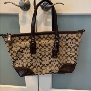Coach Tan Signature Canvas Tote with Brown Leather Trim